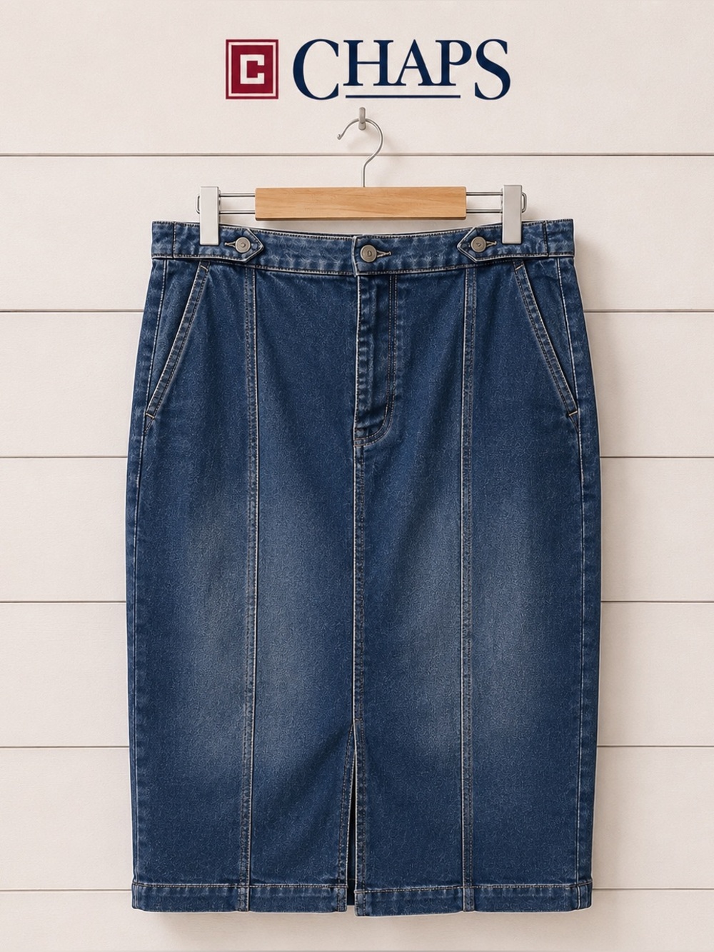 CHAPS Dark Denim Midi Skirt – Size 18